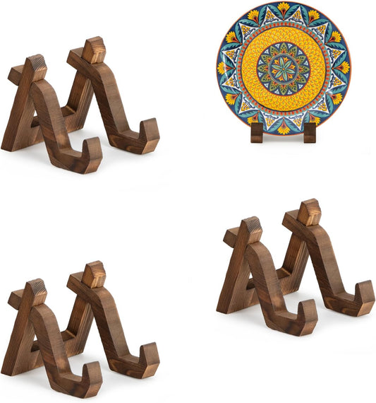Plate Display Stand, 3 Pack 4 Inch Plate Holder for Displaying, Decorative Picture Frame Dish Photo Plaque Platter Wood Stand