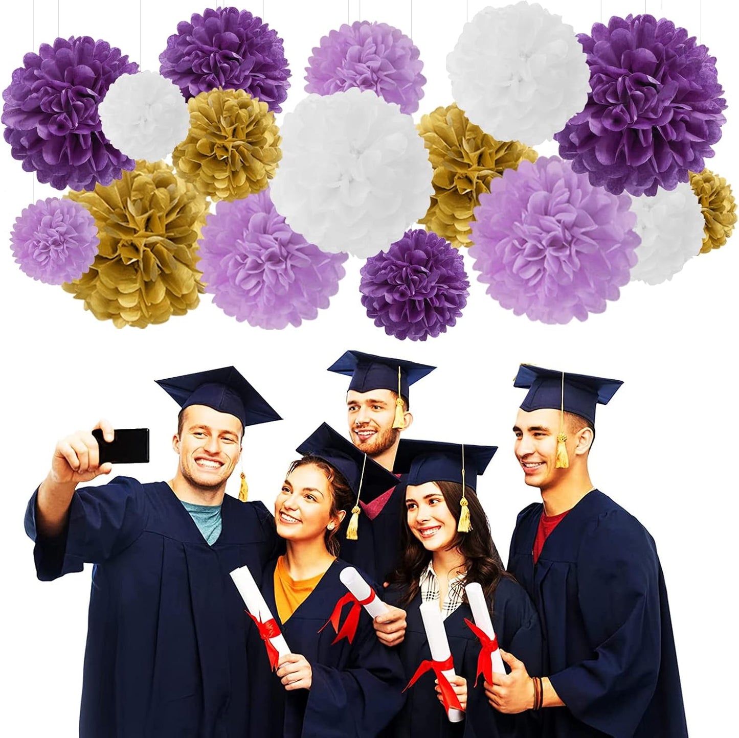 Purple White-Gold Lavender Tissue Pom-Poms - 16pcs Purple Birthday Party Decorations Paper Flowers Garland Wedding Baby Bridal Shower Mothers Graduation Festival Decor Panduola