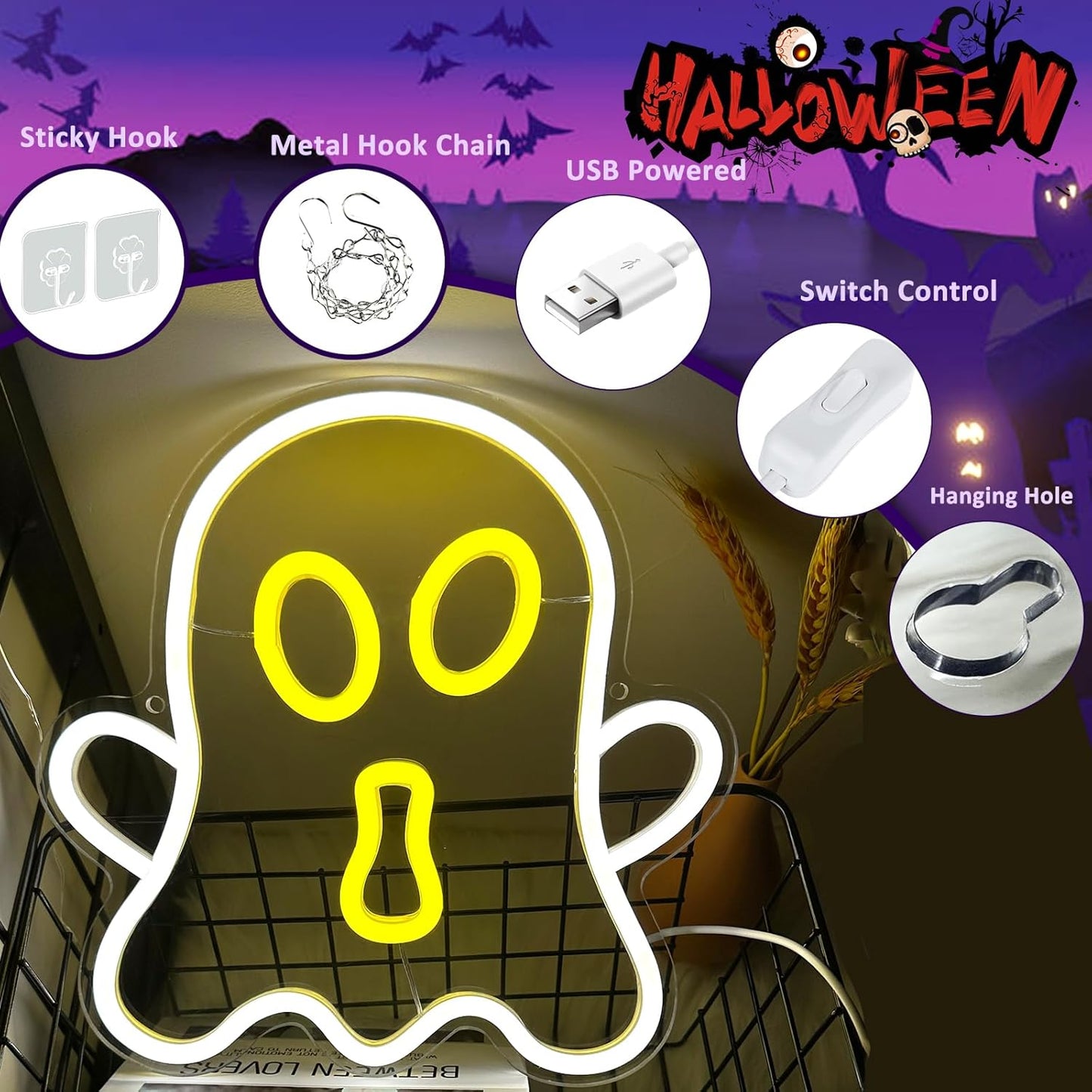 Halloween White Ghost Neon Sign Halloween, USB Halloween Neon LED Light for Wall Decor, White Ghost Halloween Sign Decorations for Home Bar Salon Coffee Stores Porch Front Door