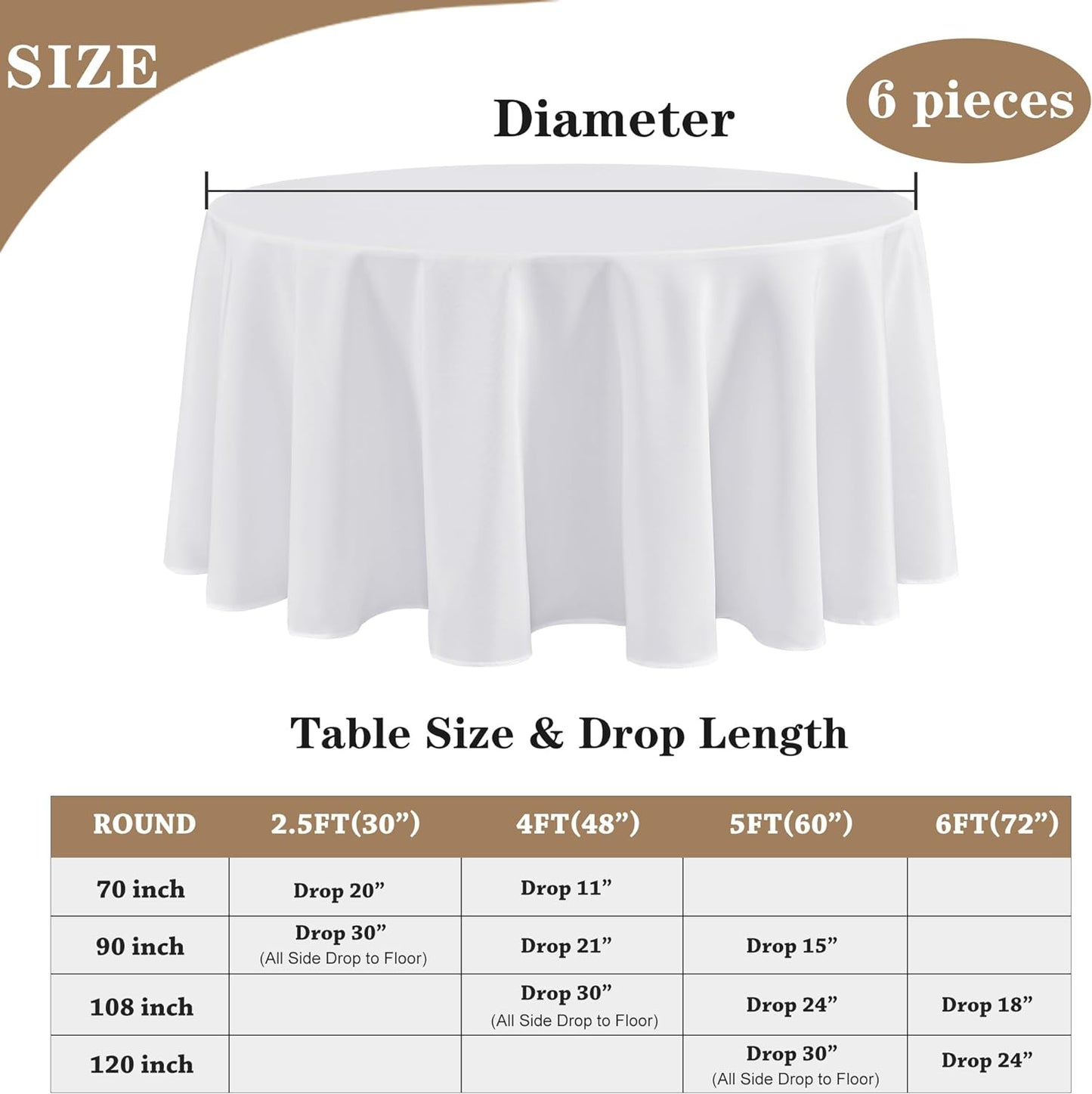 Fitable 6 Pack White Round Table Clothes - 70 Inches in Diameter - Stain Resistant and Washable Tablecloths, Polyester Fabric Table Covers for Wedding, Party, Banquet, Gathering