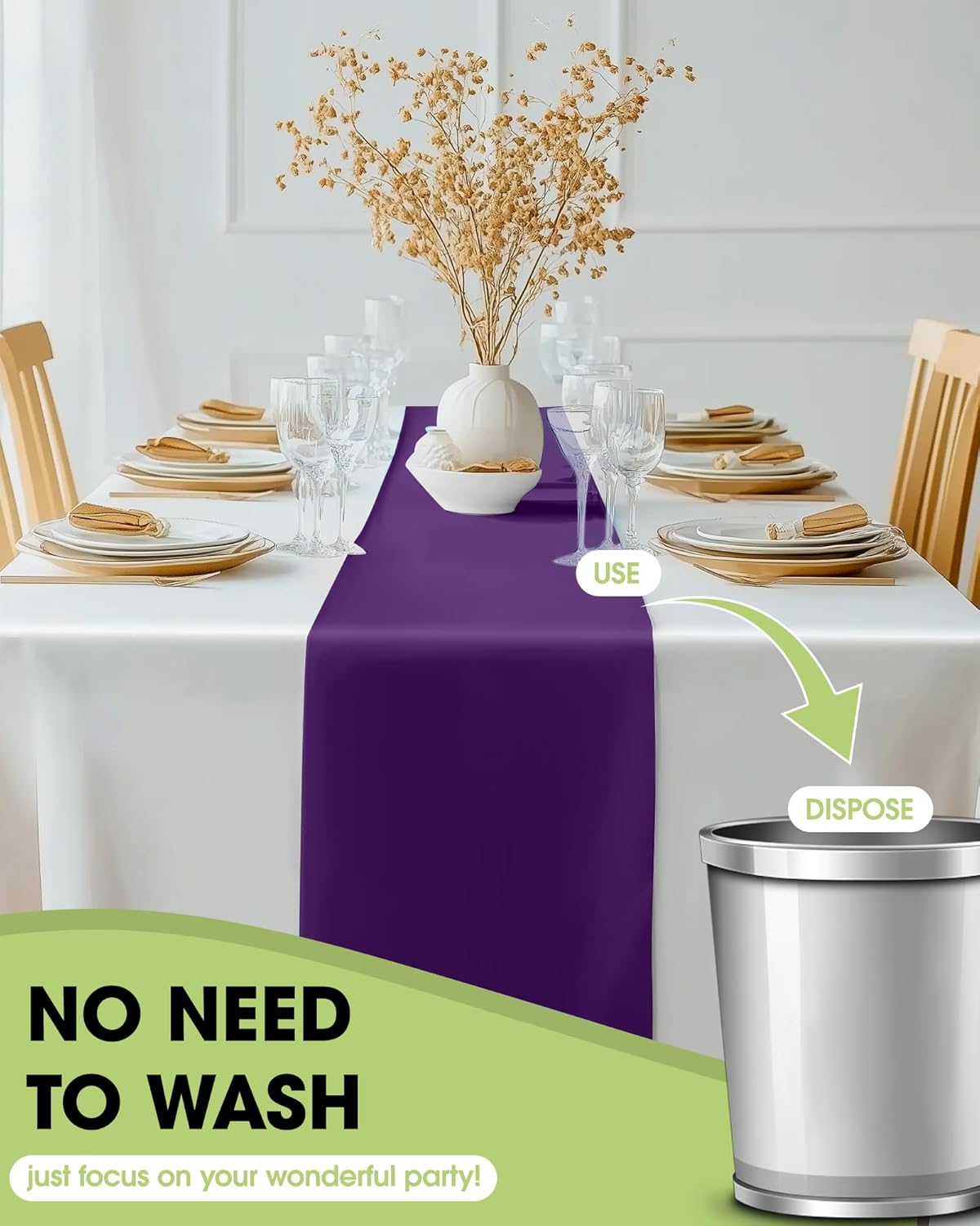 Pureegg Purple Plastic Table Runners - 10 Pack, 14'' x 108'', Water Resistant & Disposable Centerpiece Decorations for Table Cloth, Wedding, Birthday, Holiday, Baby Shower, Party, Home Decor