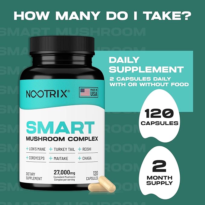 Smart Mushrooms Complex Supplement | Supports Memory, Mental Focus, Cognitive Health & Energy | 27,000mg Organic Mushrooms | Lions Mane, Reishi, Cordyceps, Chaga & Turkey Tail | 120 Capsules