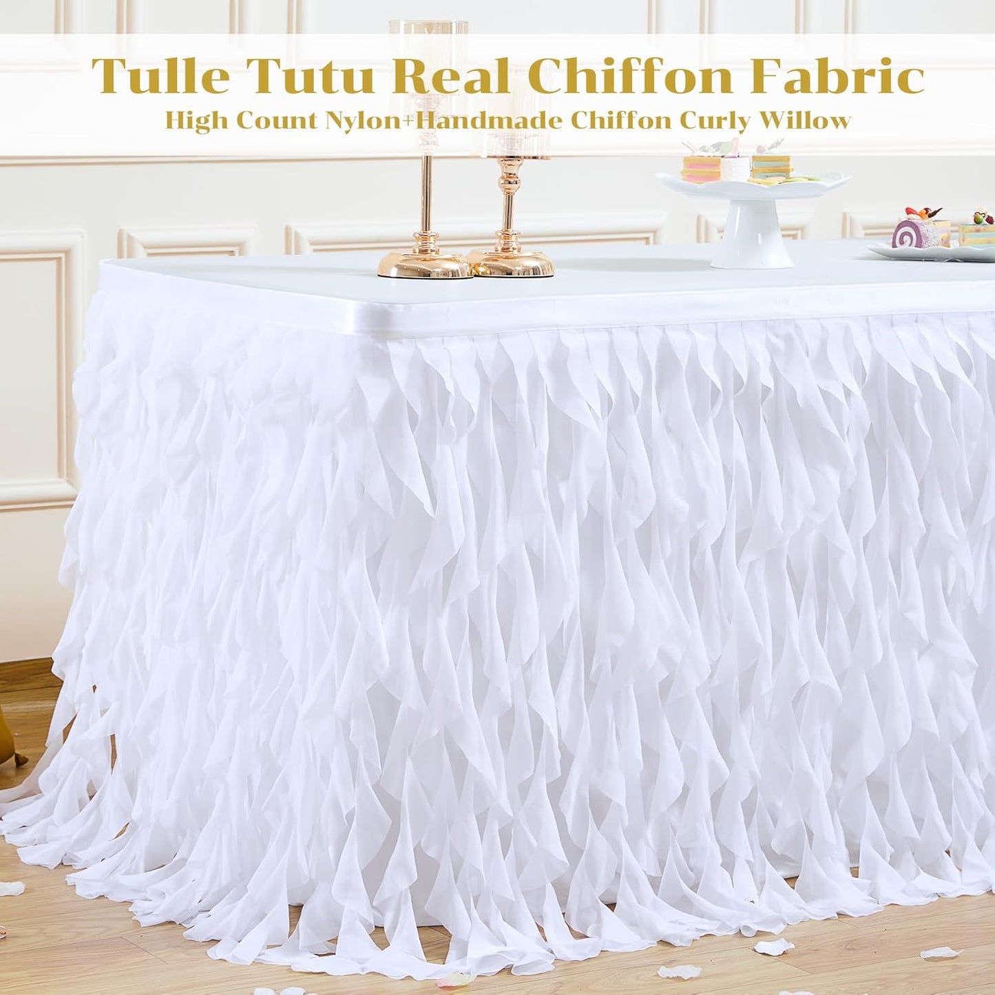Partisky White Tulle Curly Willow Table Skirt for Rectangle Table 9ft, Ruffle Tutu Table Cloth for Wedding,Bridal Shower, Baby Shower,Birthday Party