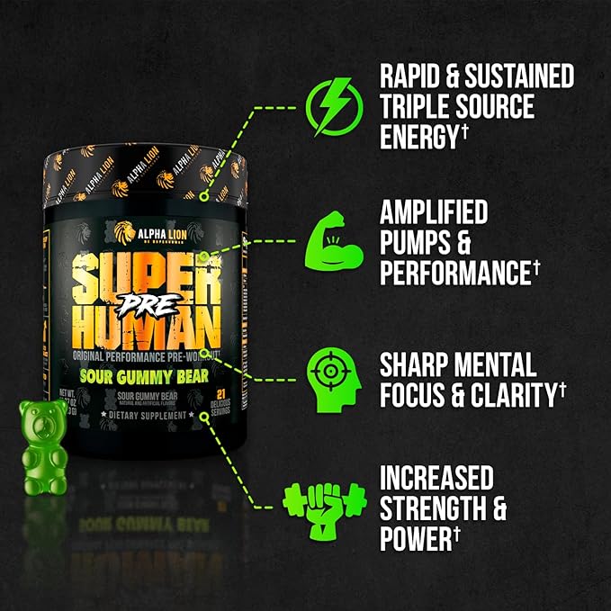 ALPHA LION Superhuman Pre Workout Powder, Beta Alanine, L-Taurine & Tri-Source Caffeine for Sustained Energy & Focus, Nitric Oxide & Citrulline for Pump (21 Servings, Sour Gummy Bear Flavor)