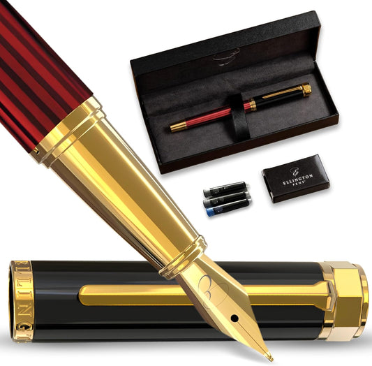 Ellington Pens Luxury Fountain Pen Set- Fountain Pens for Writing - Smooth Medium Nib - Includes Refillable Ink Converter, 3 Ink Cartridges [Black & Blue], Gift Box - Elegant Calligraphy