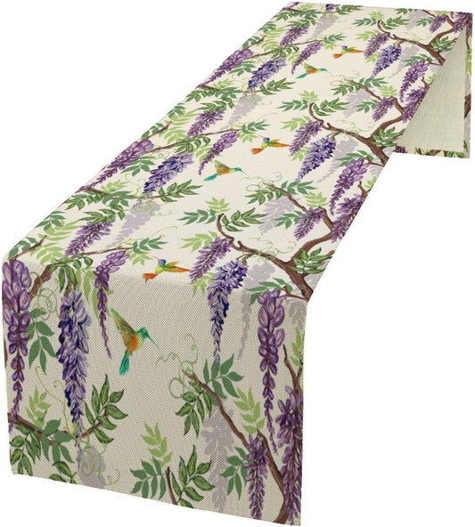 Vintage Bird Flower Table Runner Seasonal Spring Purple Wisteria Garden Plants Lavender Florals Farmhouse Country Kitchen Dinner Runner Dining Table Decoration for Home Party Holiday 13"x108"