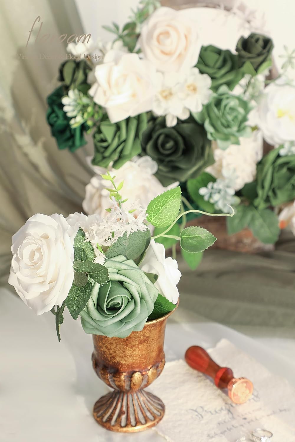 Floroom Olive Green Artificial Flowers Forest Green Fake Roses Peonies Dahlia Greenery Combo Box Set for DIY Wedding Bouquets Bridal Shower Centerpieces Floral Arrangement Party Tables Home Decoration