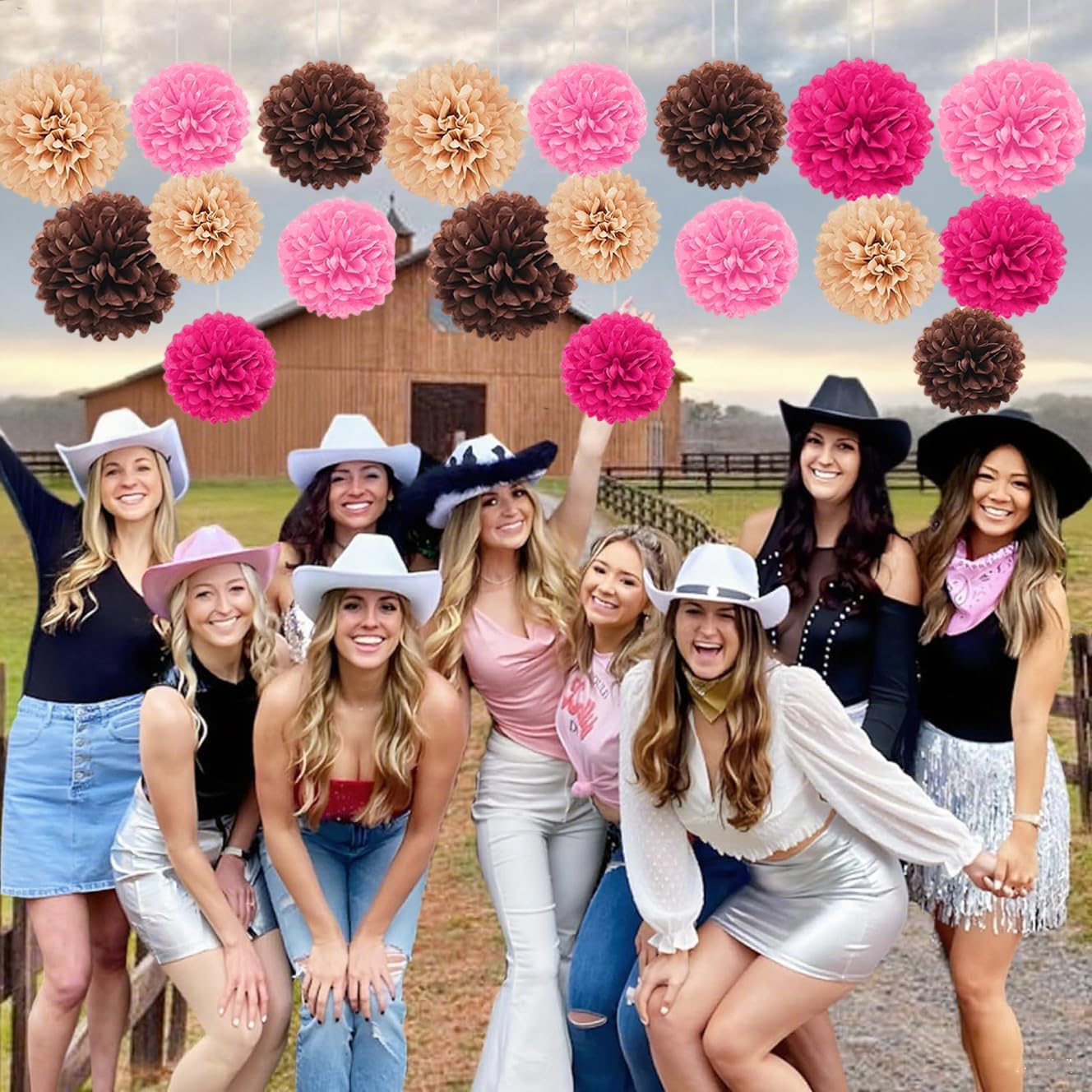 Capesaro Pink and Brown 12PCS Paper Pom Poms Party Decorations for Western Cowgirl Birthday Retro Rodeo Party, Hanging Tissue Paper Flowers for Engagement,Wedding,Baby Shower