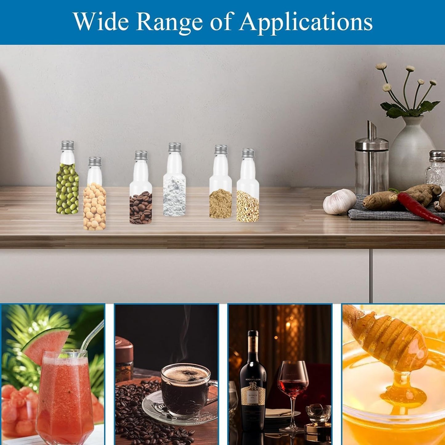 100 Pack 2oz Mini Liquor Bottles Bulk, Plastic Champagne Wine Bottles with Caps, Small Alcohol Shot Bottles with Funnels, Kraft Tags and Rope for Party Favors Wedding (Sliver Caps)