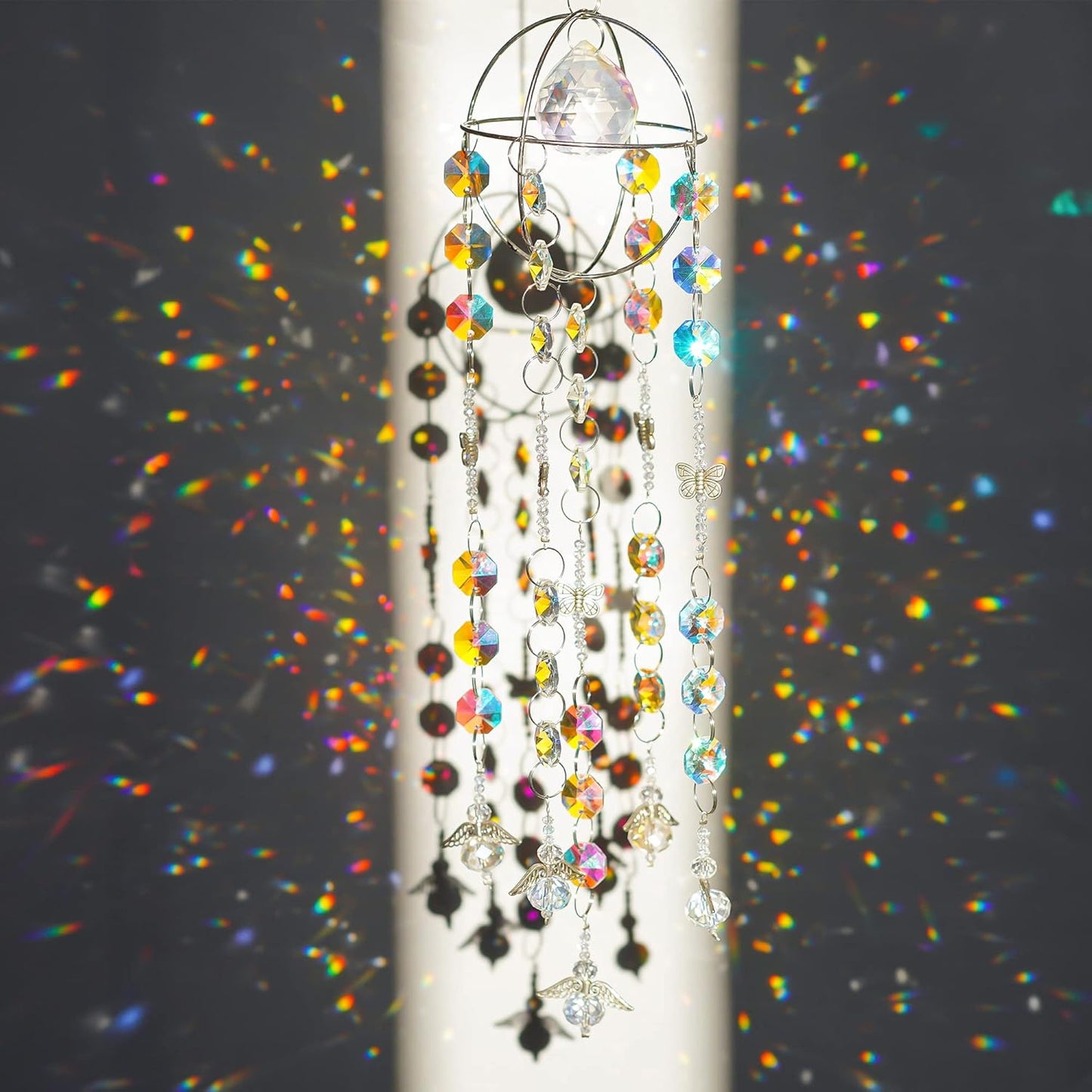 Garden Suncatcher Crystal Pendant Round Shaped Glass Prisms Beads Chain Hanging Angel Ornament Rainbow Maker Aura Prism Glass Crystal Sun Catchers