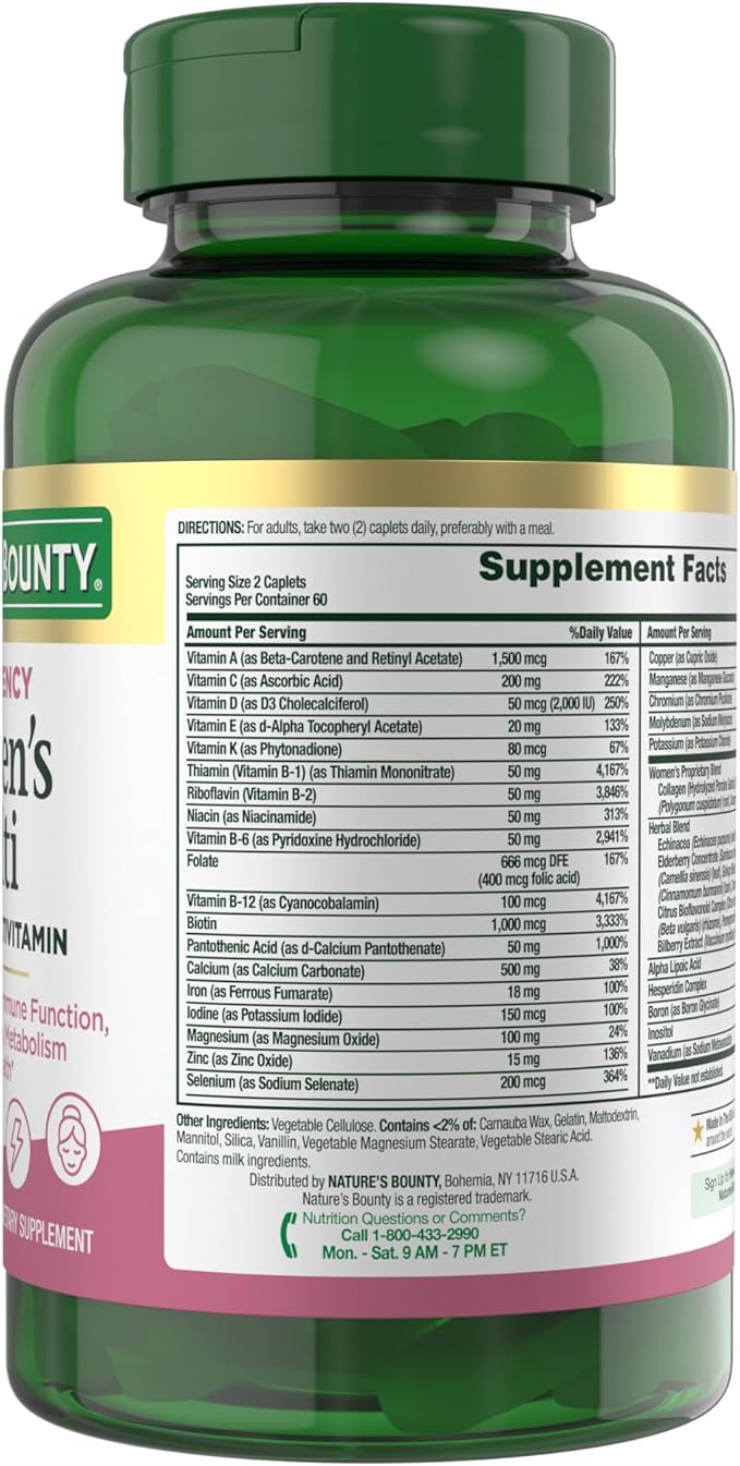 Nature's Bounty High Potency Women’s Complete Multivitamin, Daily Vitamin with Vitamin C, Supports Heart Health & Immune Function, Essential Nutrition for Women, 120 Caplets