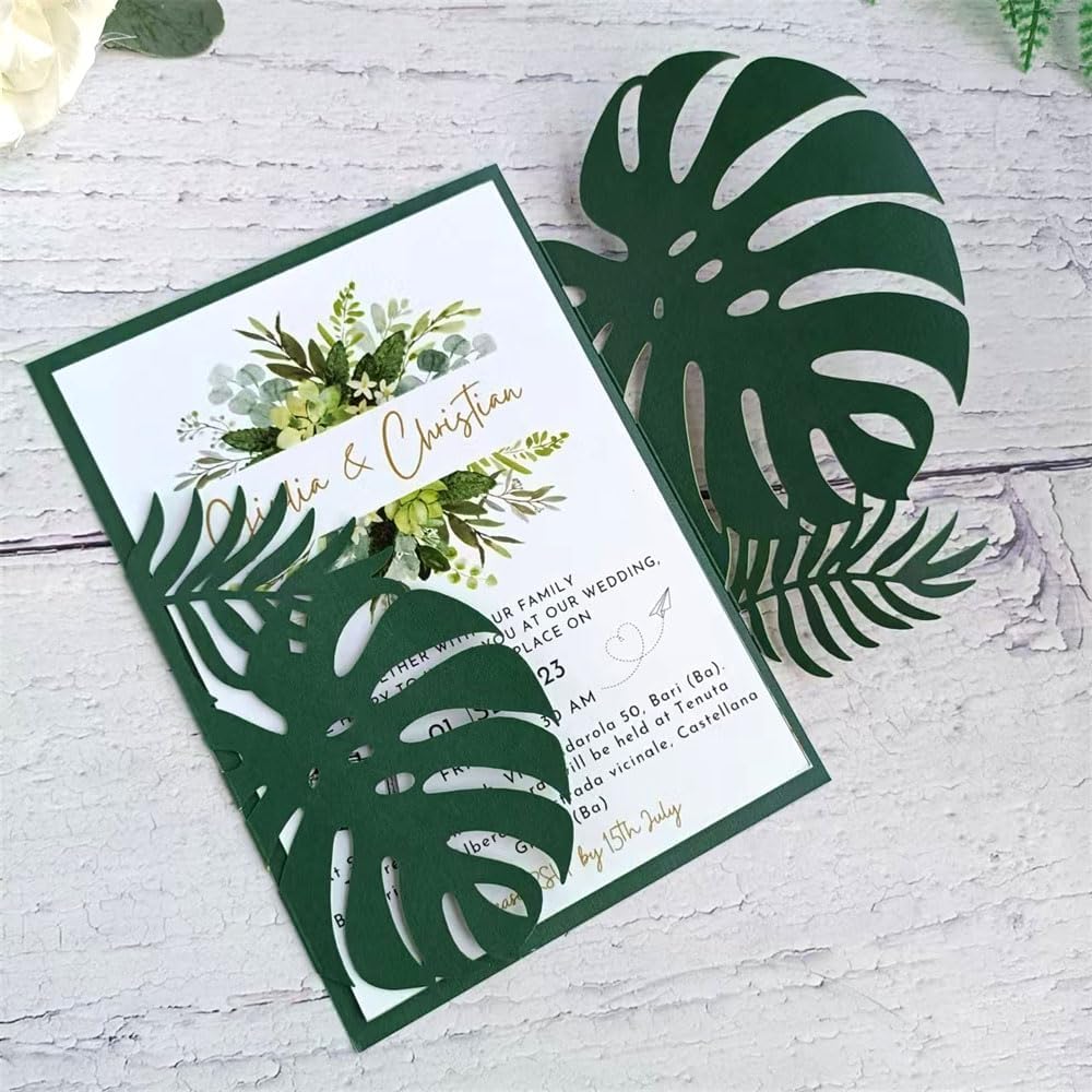 MillaSaw Emerage Green Laser Cut Invitation, Plame Wedding Laser Cut Jacket for 5x7 Card, Tropical Scene Wedding Invitation (emerage green)