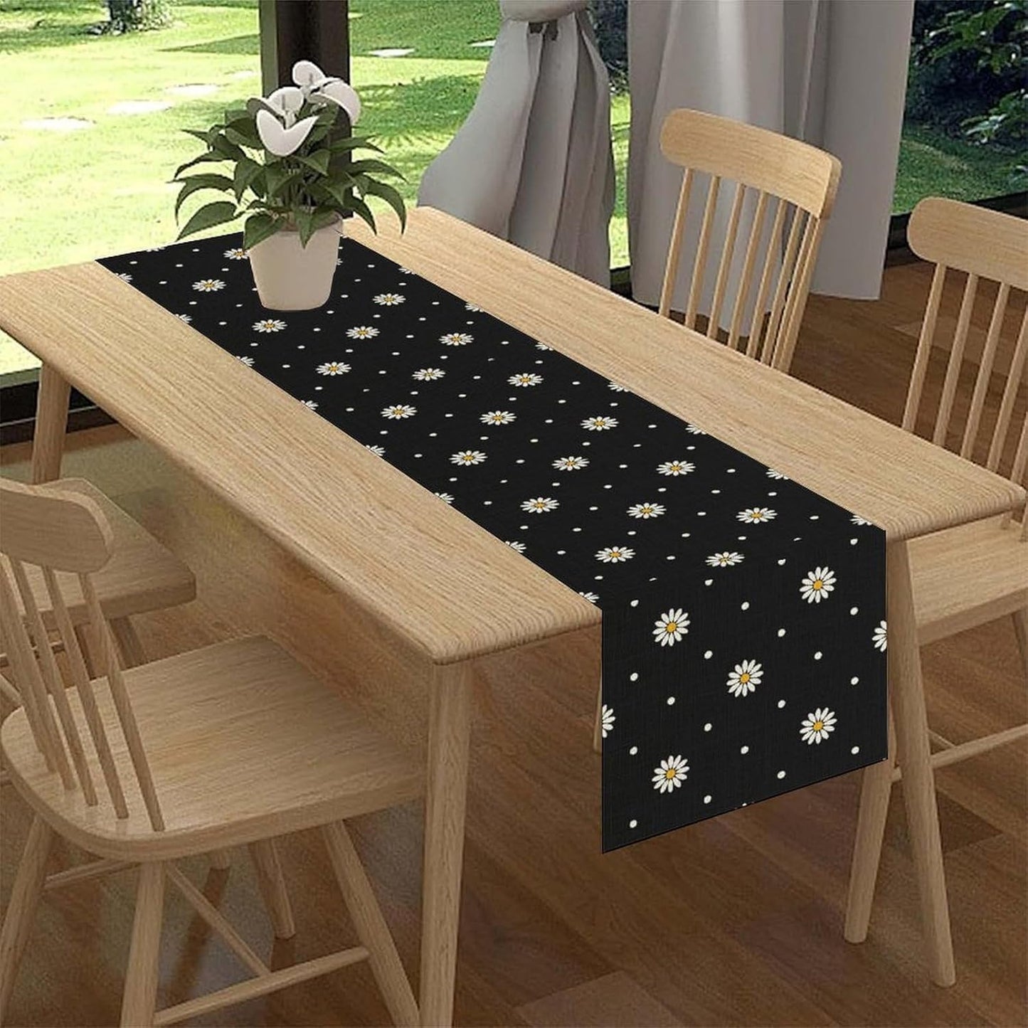 Daisy Floral Table Runner, Spring Seasonal Summer Wild Flower Rustic Country Farmhouse Table Center Decor for Home Kitchen Dining Patio Holiday Party Indoor Outdoor Table Decorations, 13"x36" Inch