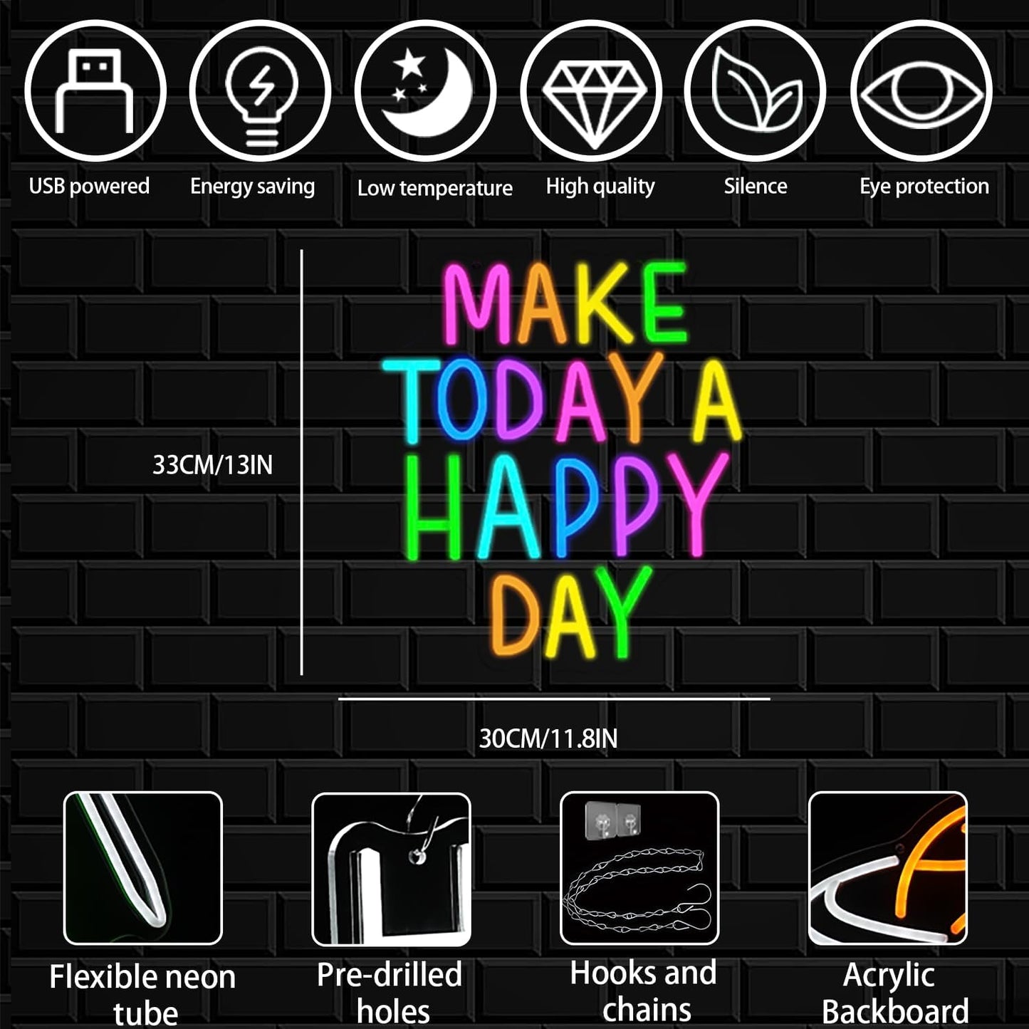 Make Today A Happy Day Neon Sign, Inspirational Colorful Letter Neon Light for Wall Decor, Dimmable Motivation LED Light Sign for Bar Cafe Restaurant Office Living Room Wedding