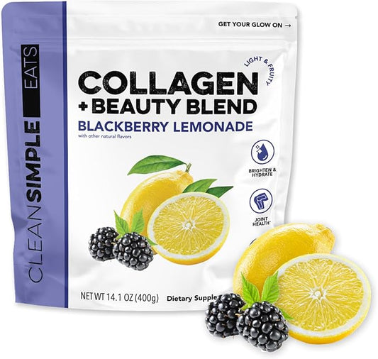 Clean Simple Eats Collagen Powder + Beauty Blend, BlackBerry Lemonade, Hydrolyzed Collagen Peptides from Grass Fed Bovine & Chicken, Hyaluronic Acid for Hair, Skin, Nail & Joint Support, 30 Servings