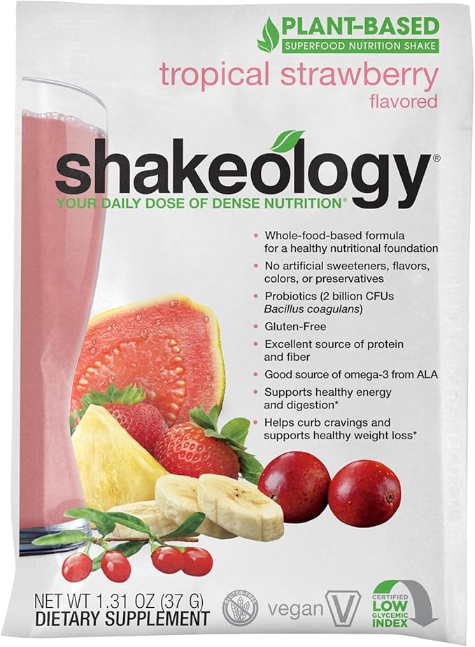 BODi Shakeology Plant-Based Vegan Protein Powder – Gluten-Free Superfood Shake with Vitamins & Minerals – Helps Support Healthy Weight Loss & Gut Health, Tropical Strawberry, 14 Individual Packets