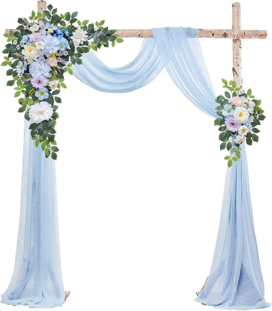 Wedding Arch Flowers Kit,Artificial Flower Arch Decor (Set of 3),2pcs Artificial Flower Arrangement with 1pc Sheer Drape for Wedding Decor Reception Backdrop Floral Decorations (Sky Blue)