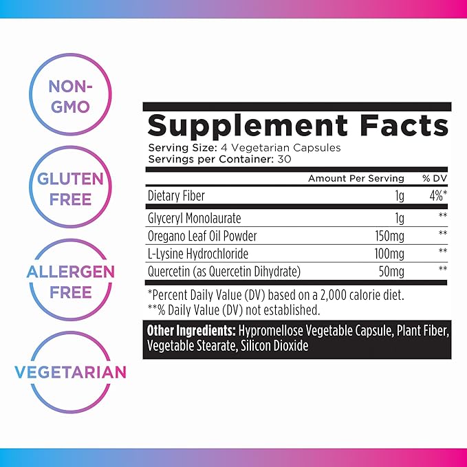 Livingood Daily Immune Support Supplement, 4-in-1 Formula with Oregano Oil, Monolaurin, L Lysine & Quercetin, Gut & Digestive Health, Gluten Free, Vegan, Non GMO, Allergen Free, 120 Capsules