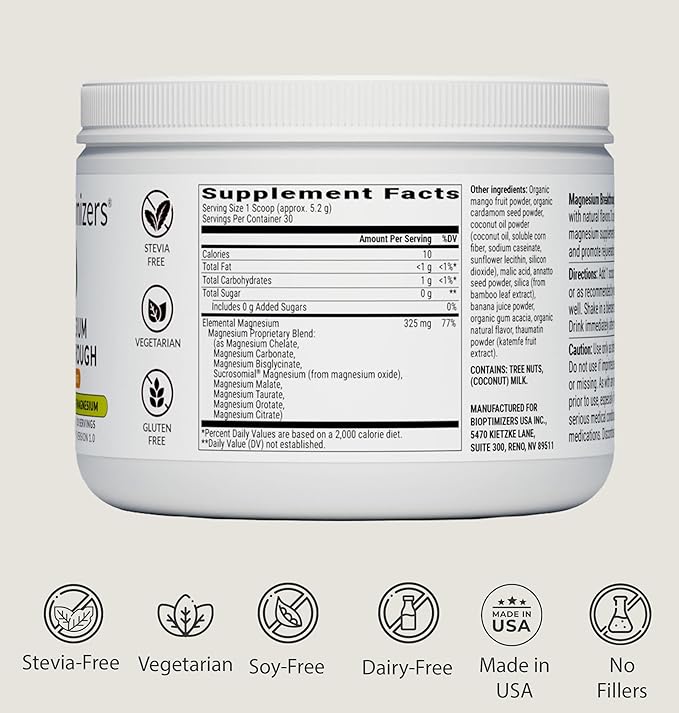 BIOptimizers Magnesium Breakthrough Drink - 8 Forms of Magnesium, Electrolytes, Sleep Health, Stress, Muscle Recovery, Heart Support | Glycinate, Citrate, Malate- Banana Mango