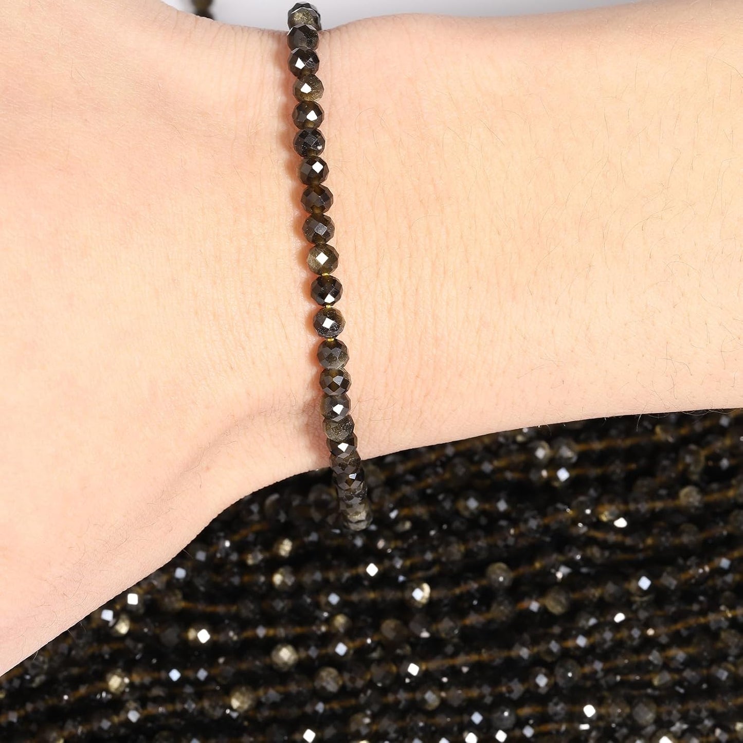 Song Xi 180pcs 2mm Natural Gold Obsidian Gemstone Beads Faceted Round Loose Stone Beads for Jewelry Making