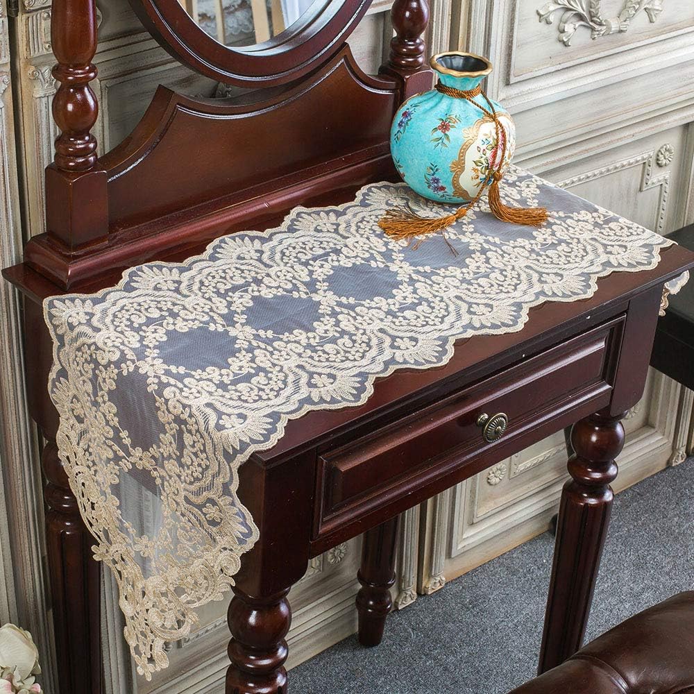 ARTABLE Rectangle Table Runner Lace Macrame Embroidered Table Runners with Exquisite Vintage Shabby Chic for Holiday Wedding Long Dinner Tables (Light Gold, 12 x 108 Inch)