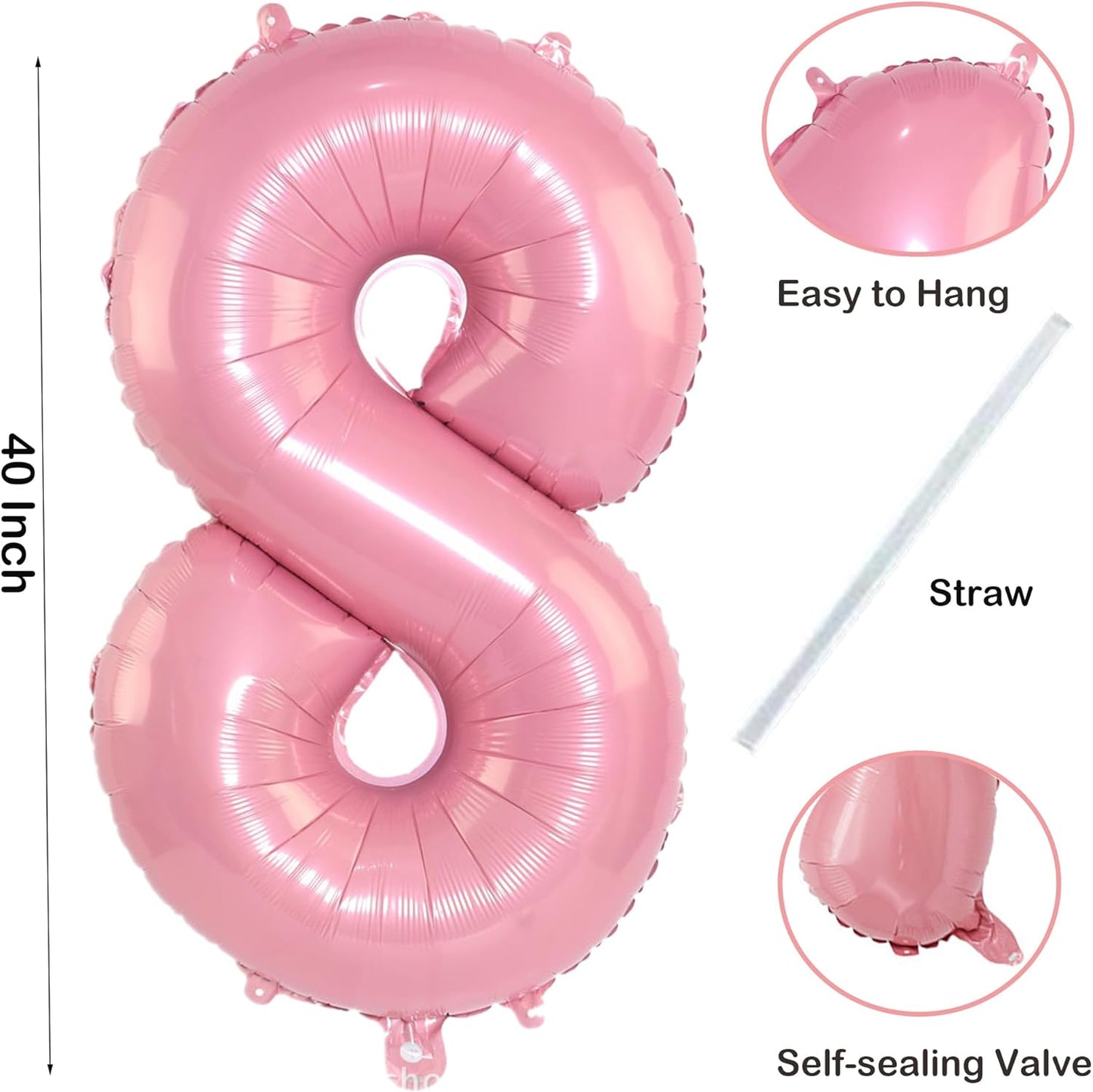 Light Pink Number 8 Balloon 40 Inch Big Self Inflating Foil Number Balloons 0-9, Pastel Pink Digital 8 Helium Balloon for 8th 18th 28th Girls Birthday Graduation Anniversary Princess Party Decoration