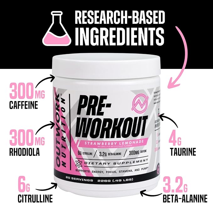 Outwork Nutrition Pre Workout Powder for Men & Women - Pre-Workout Supplements Without Creatine, Nootropic Preworkout with Citrulline Malate Beta Alanine Taurine Rhodiola Caffeine(Strawberry Lemonade)