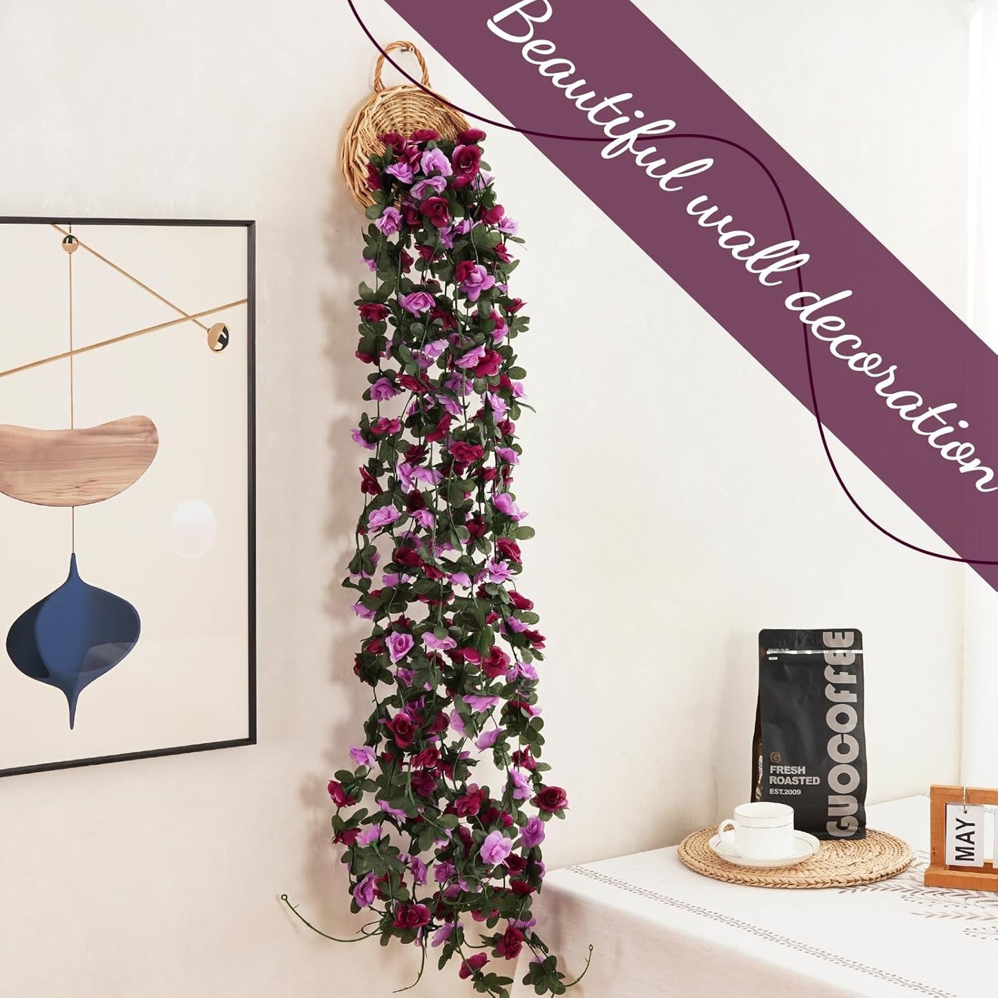 8 Pcs 65.6 Ft Flower Garland Rose Vines, Rose Garland for Decoration, Flower Vine for Room Table Birthday Wedding Party Garden Wall Decor