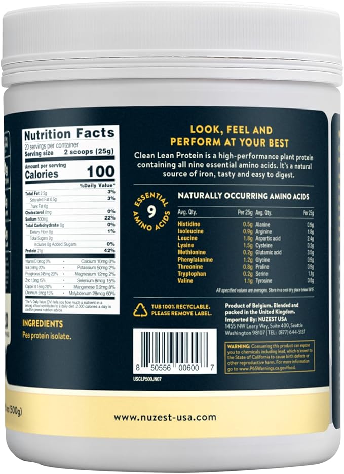 Nuzest - Pea Protein Powder - Clean Lean Protein, Premium Vegan Plant Based Protein Powder, Dairy Free, Gluten Free, GMO Free, Protein Shake, Just Natural (UNFLAVORED), 20 Servings, 1.1 lb