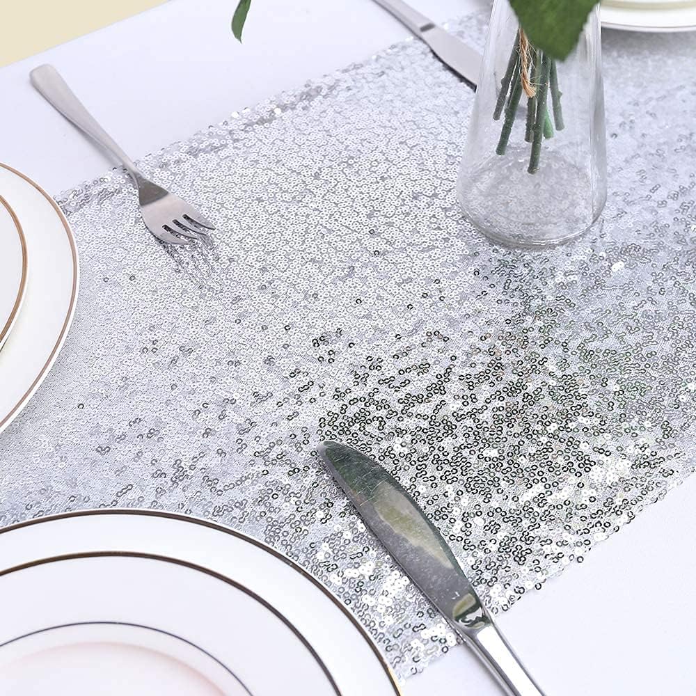 Eternal Beauty Silver Table Runner, 2PCS-12X72 Sequin Table Runner Decorations for Birthday Parties, Banquets, Graduations,Christmas