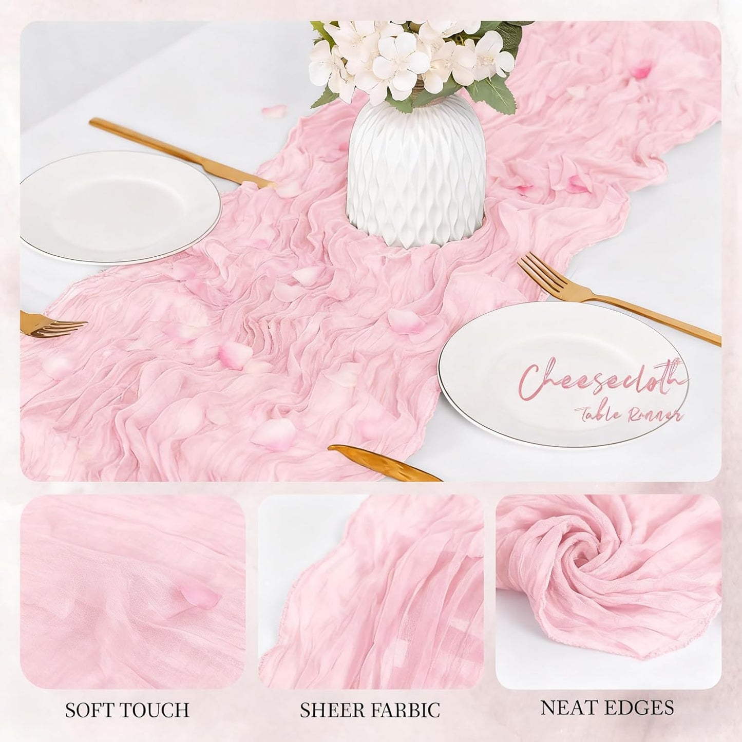 6 Pack Light Pink Cheesecloth Table Runner 23x120 inch Rustic Boho Gauze Table Runner 10 FT Long Sheer Cheese Cloth Fabric Table Runners for Romantic Wedding Bridal Shower Birthday Party Decor