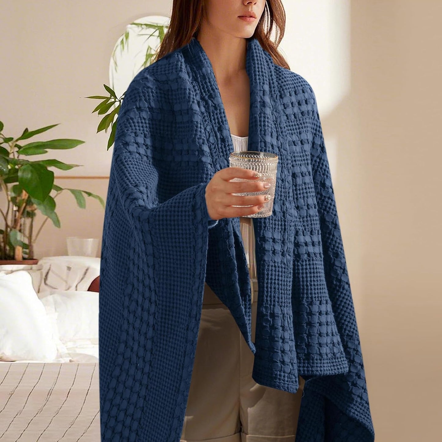 PHF 100% Cotton Waffle Weave Throw Blanket, Soft Lightweight Breathable Cozy Throws for Couch Bed Sofa, Luxury Aesthetic Woven Blanket for Home Decor & Office, 50"x60", Bright Navy