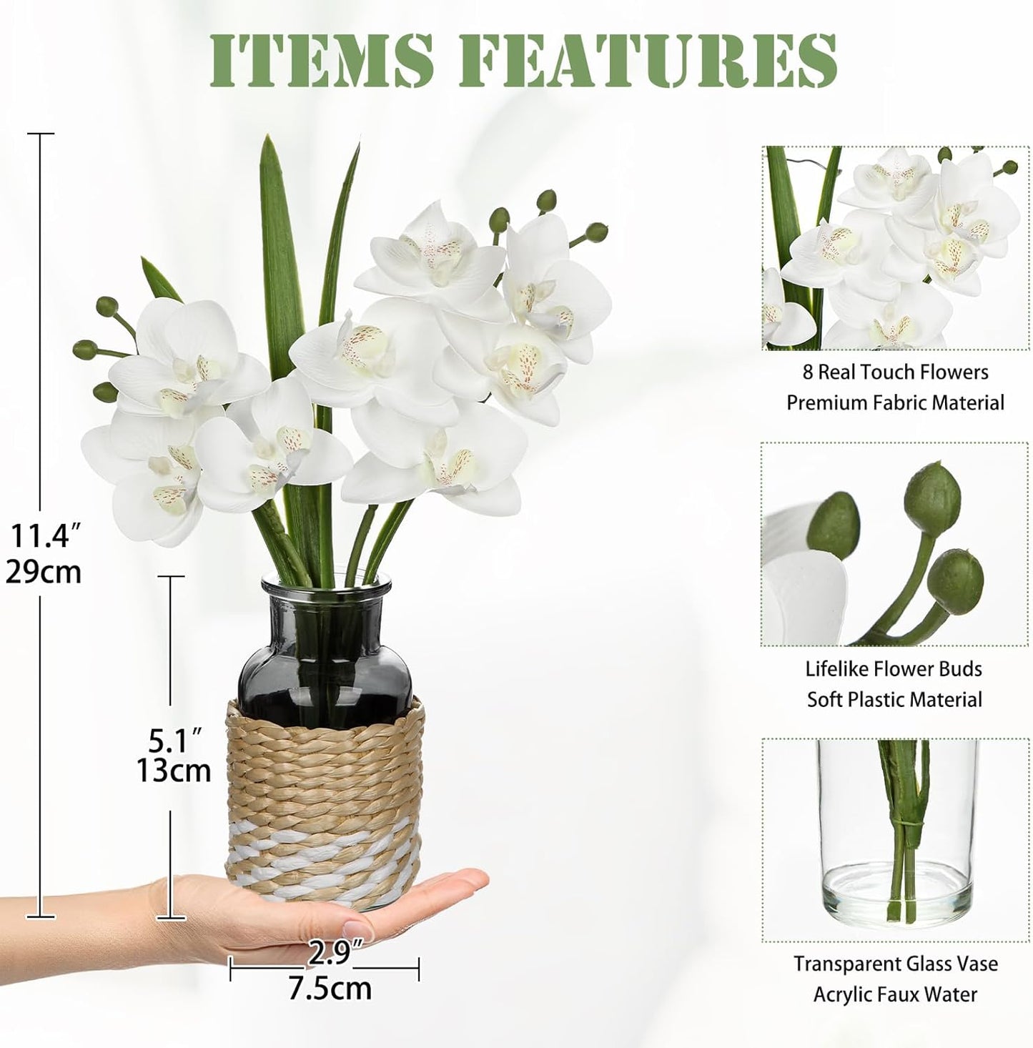 White Orchids Artificial Flowers with Vase, Small Faux Orchid Arrangement Fake Flower in Woven Glass Vase Black and White Decor Small White Centerpieces for Kitchen Dining Room Tables Bathroom Decor