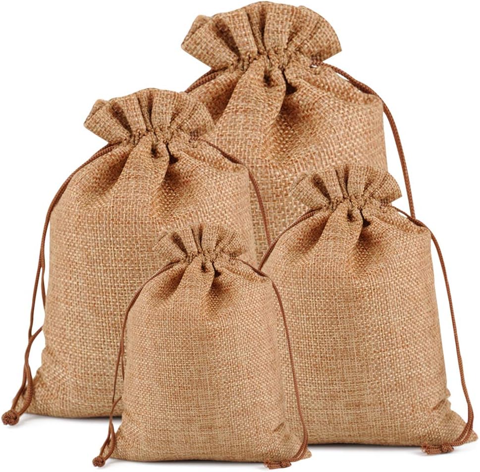 Lucky Monet 25/50/100PCS Burlap Gift Bags Wedding Hessian Jute Bags Linen Jewelry Pouches with Drawstring for Birthday, Party, Wedding Favors, Present, Art and DIY Craft (100Pcs, Coffee, 5” x 7”)