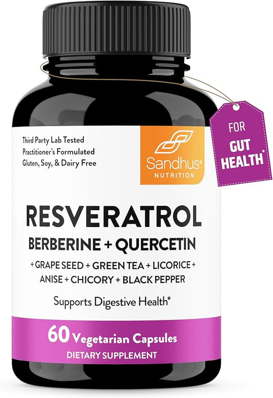 Sandhu's Resveratrol with Berberine for Gut Health | Digestive Supplement for Women & Men | Green Tea, Star Anise, DGL, Grape Seed Extract & Quercetin | Eases Bloating | 60 Capsules (Pack of 1)