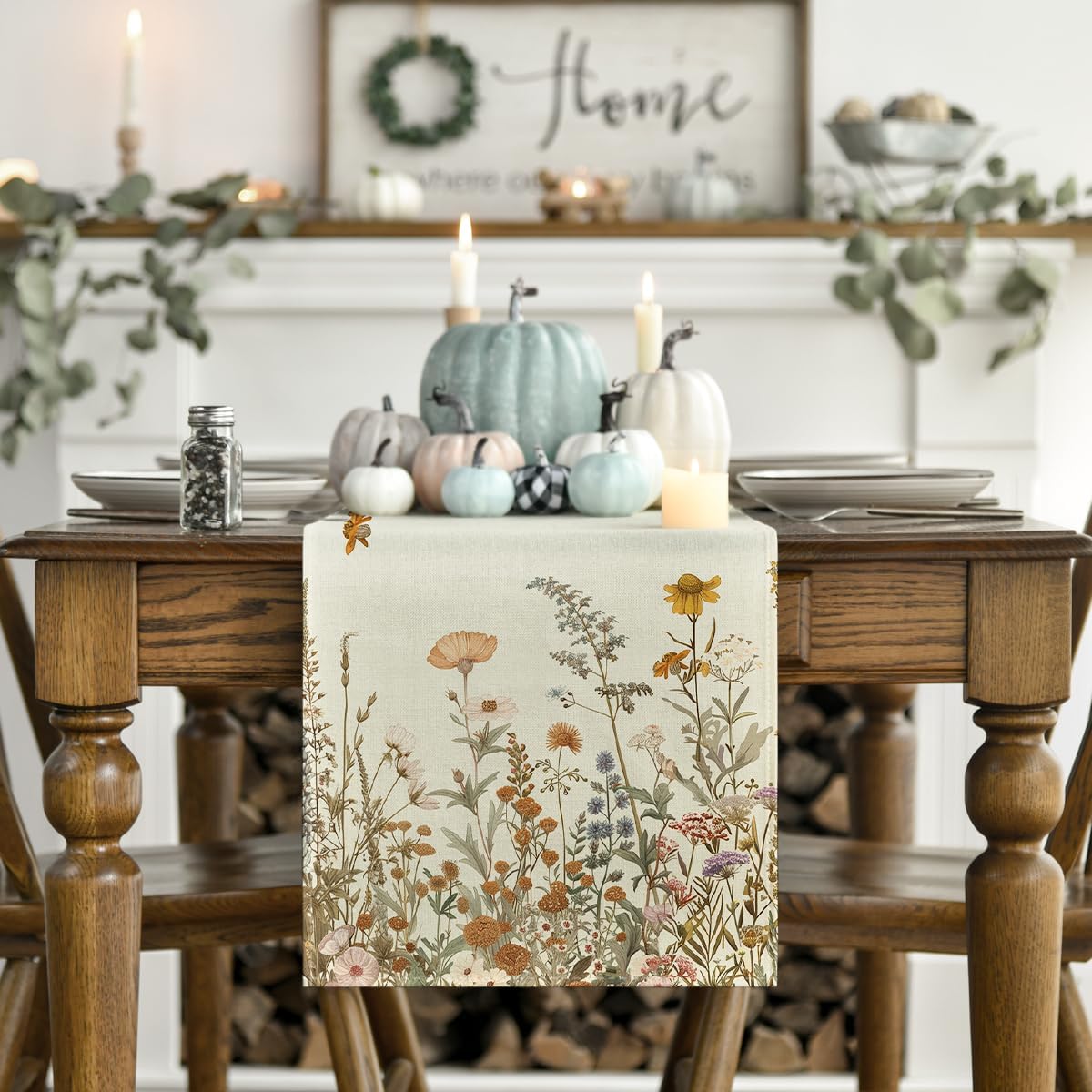 Artoid Mode Wild Flowers Grasses Floral Fall Table Runner, Seasonal Autumn Kitchen Dining Table Decoration for Home Party Decor 13x120 Inch