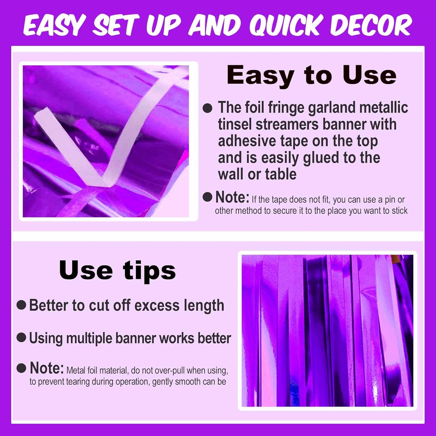 6 Pack 10 Ft Purple Foil Fringe Garland Metallic Streamers Tinsel Banner Wall Hanging Garland Backdrop for Parade Floats, Halloween, Christmas, Thanksgiving, New Year Party Decorations