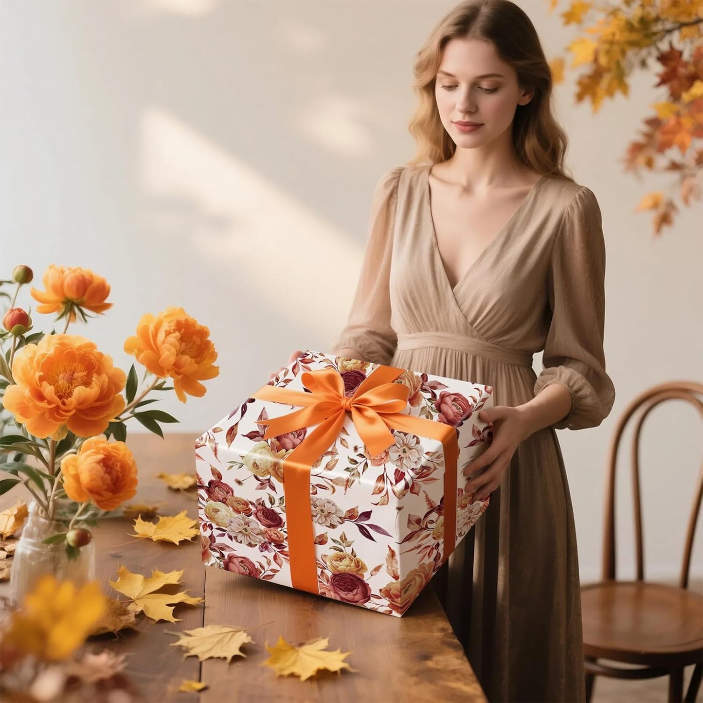 RUSPEPA Fall Floral Wrapping Paper Roll for Women Girls, Mini Roll, Vintage Rose and Autumn Bloom Bouquet Design Gift Wrap for Thanksgiving, Wedding, Birthday, Bridal Shower, 17 Inches x 16.4 Feet