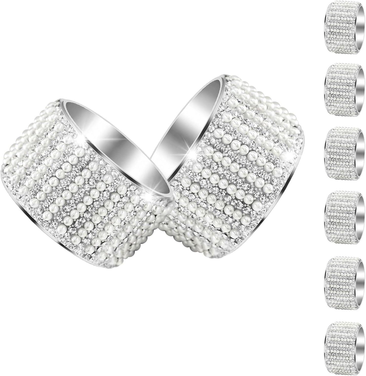 Silver Pearls 6pcs Napkin Rings Rhinestone Crystal Glass Framed Napkin Holder Handmade Serviette Buckles for Christmas, Easter, Thanksgiving Day Wedding Banquet Home Party Decoration Dining Table