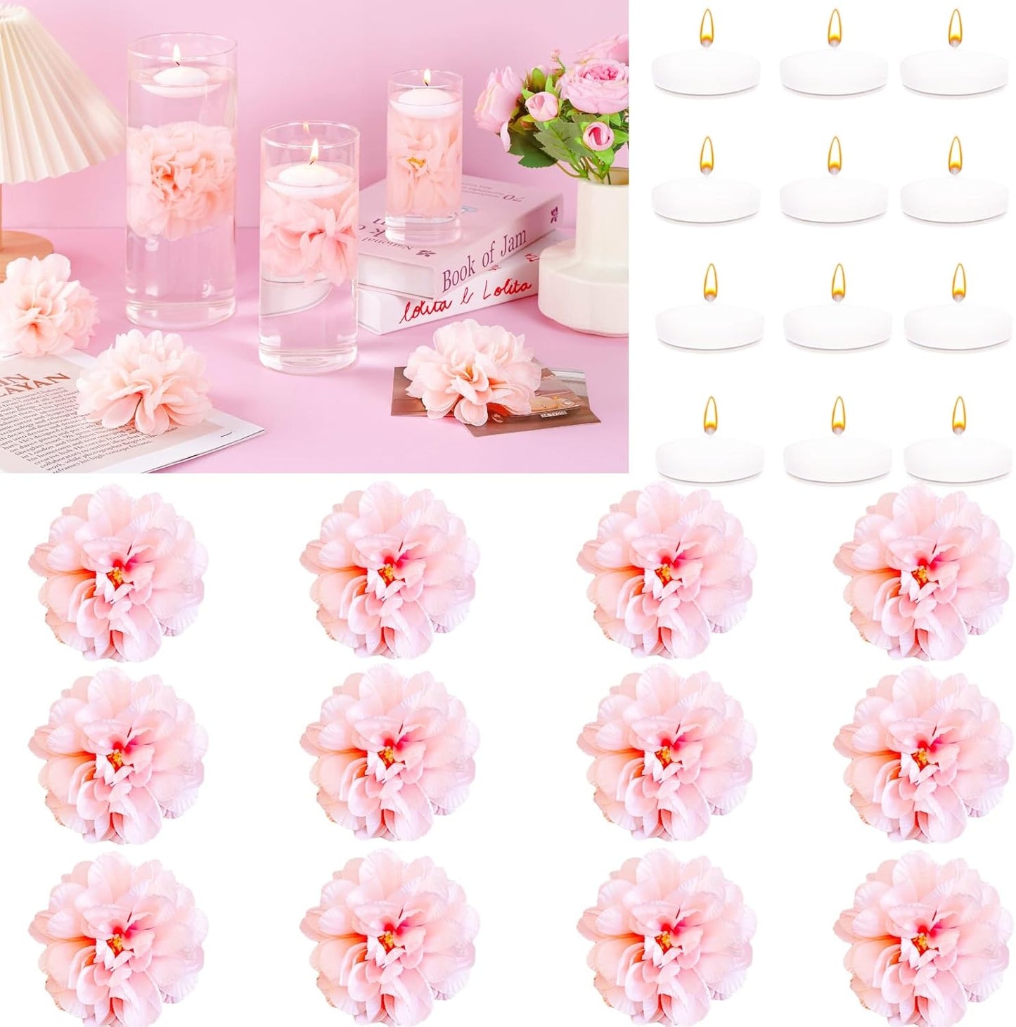 24 Pcs Floating Candles for Centerpieces and Floating Flowers for Centerpieces Pink Artificial Flowers Vase Fillers for Wedding Table Party Home Decoration