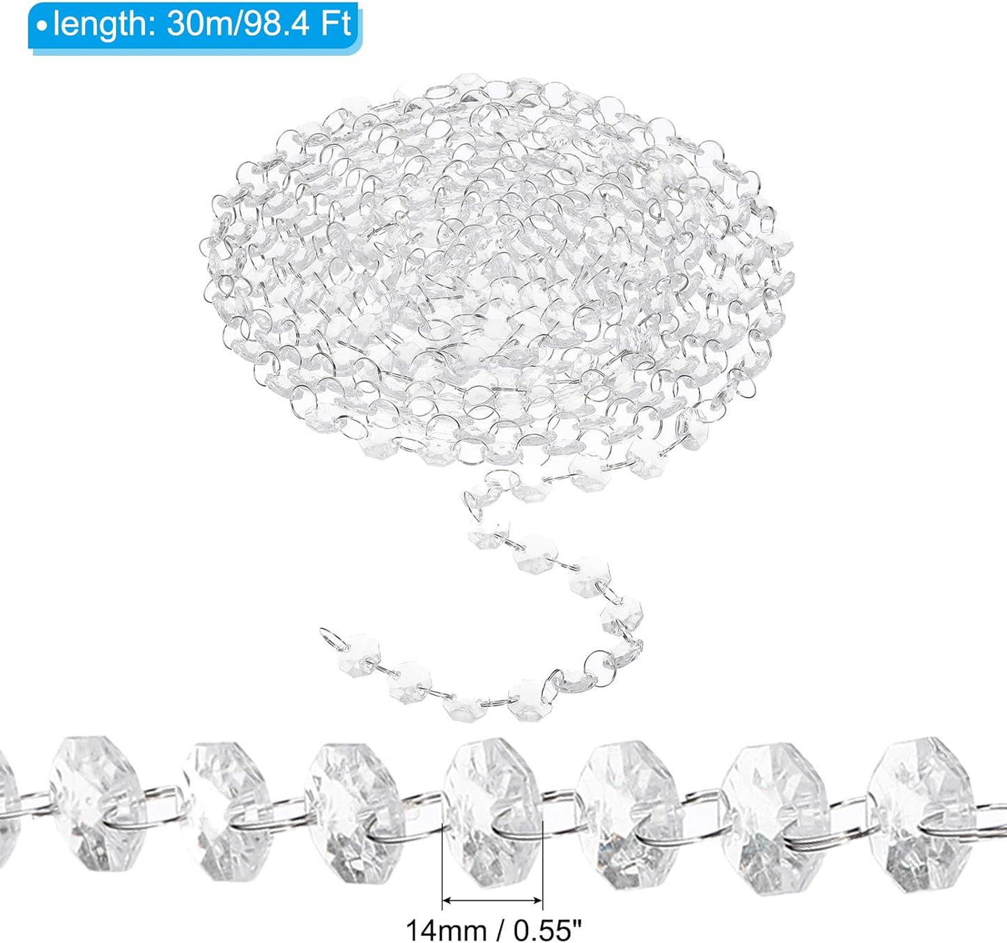 PATIKIL 14 mm Crystal Garland Strands, 98.4 Ft Acrylic Octagon Chandelier Bead Chains String for DIY Craft Wedding Party Home Decorative Jewelry Making, Clear