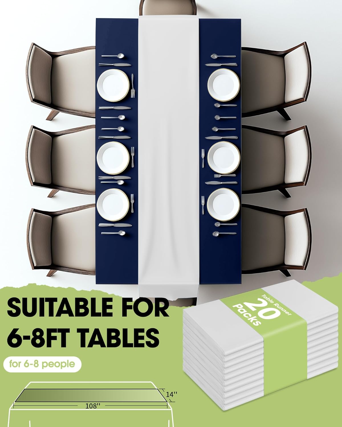 Pureegg White Plastic Table Runners - 20 Pack, 14'' x 108'', Water Resistant & Disposable Centerpiece Decorations for Table Cloth, Wedding, Birthday, Holiday, Baby Shower, Party, Home Decor