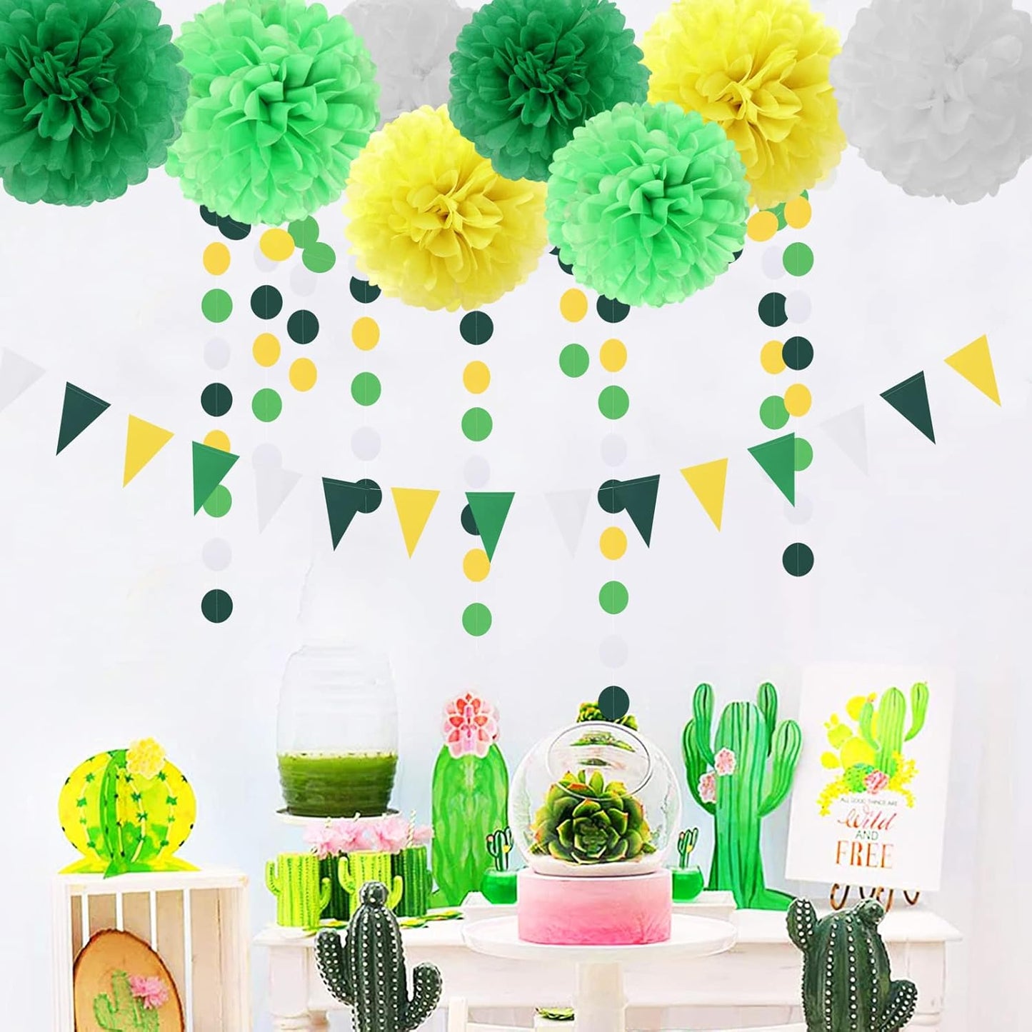 Yellow Green White Party Decorations - 30pcs Tissue Pom Poms Streamers,Spring Summer Wedding Engagement Tassel Garland Banner,Graduation Birthday Baby Bridal Shower Decor Ouruola