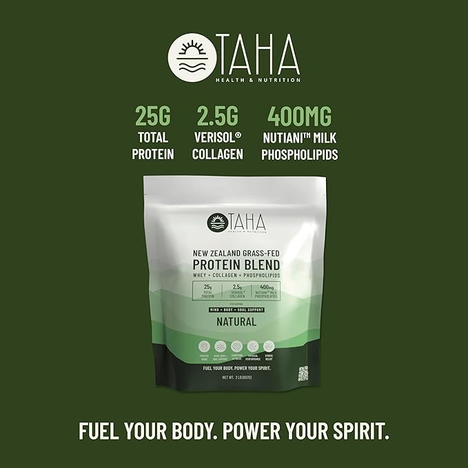 Taha Health & Nutrition Mind + Body Protein Blend – Natural, Unflavored | 25g Protein from Whey & Collagen + 400mg Milk Phospholipids | Grass-Fed, Free-Range New Zealand Dairy | 2LB