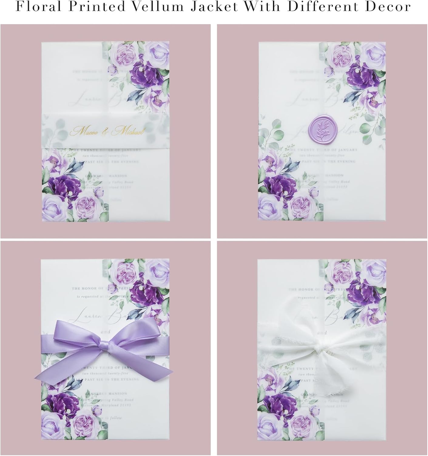 PONATIA 50 PCS Purple Vellum Jackets for 5x7 Invitation Cards- 135GSM Lilac Floral Printed Vellum Sleeves, Quinceanera Wedding Invitation Cards Wraps, Transparent Christmas Gift Cards Jackets