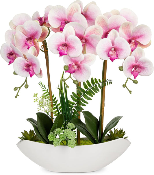 Briful Pink Orchid Artificial Flowers 18in Fake Orchid Silk Flowers with Ceramic Pot Faux Orchid Arrangement for Home Office Room Table Shelf Modern Decoration