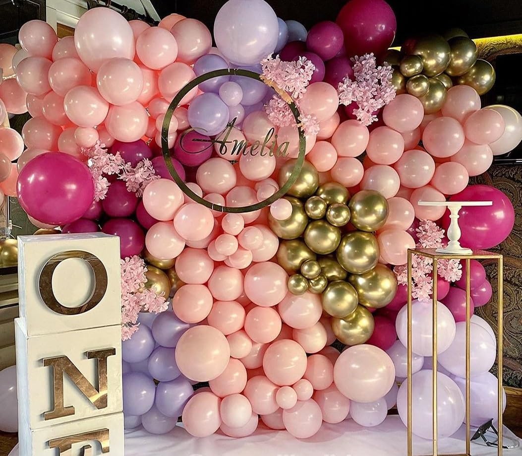 Pink and Purple Balloon Set, 60Pcs Hot Pink Lilac Lavender Balloon with Metallic Rose Gold Balloons, Purple Pinks Rose Red Latex Balloons for Girl Mermaid Butterfly Birthday Party Decorations