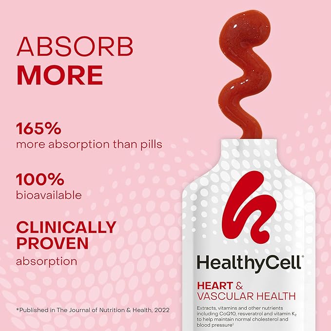 Healthycell Heart & Vascular Health Daily Liquid Supplement - Blood Pressure & Cholesterol Support with Beet Root Powder, Resveratrol, CoQ10, Omega-3 & Vitamin K - 14 Gel Packs