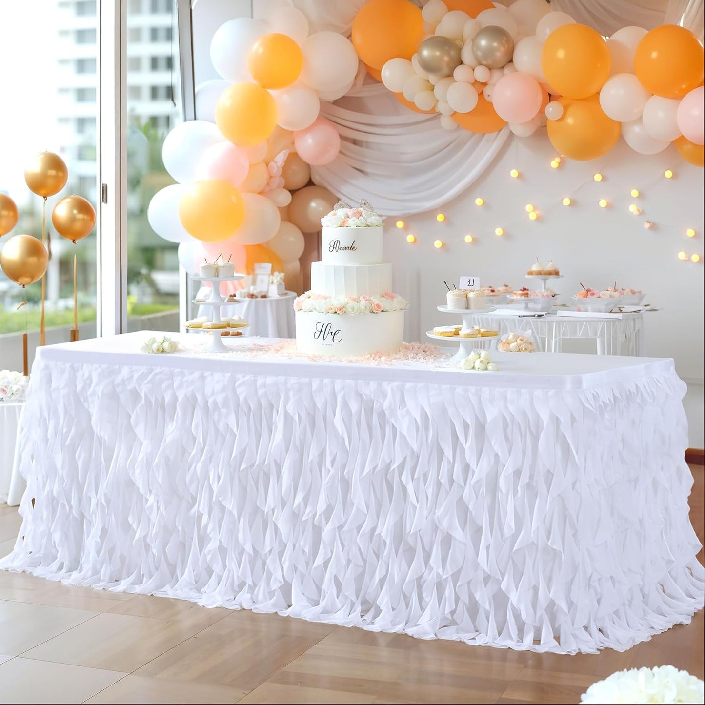 Partisky White Tulle Curly Willow Table Skirt for Rectangle Table 14ft, Ruffle Tutu Table Cloth for Wedding,Bridal Shower, Baby Shower,Birthday Party