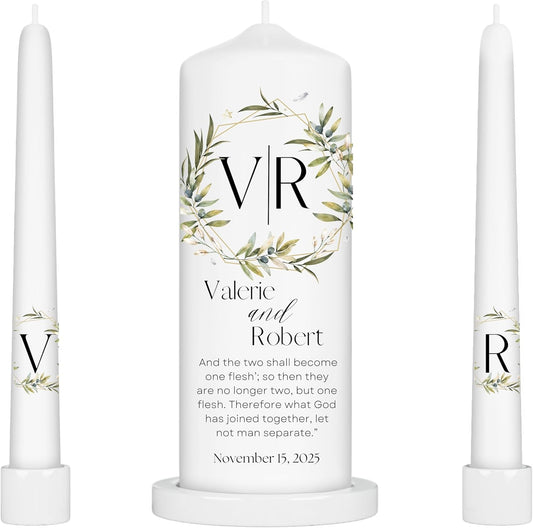 Unity Candles for Wedding, Modern Unity Set, Custom and Personalized Pillar and Taper Candles with Bible Quote, Unscented White Premium Wax, Religious and Wedding Ceremony, Special Events (Garden)